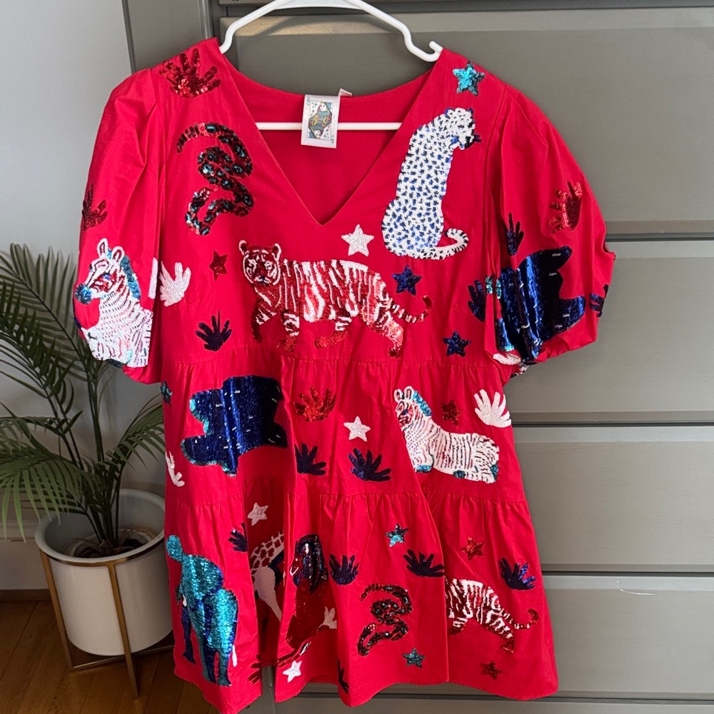 QUEEN OF SPARKLES Red Sequin Animal Blouse